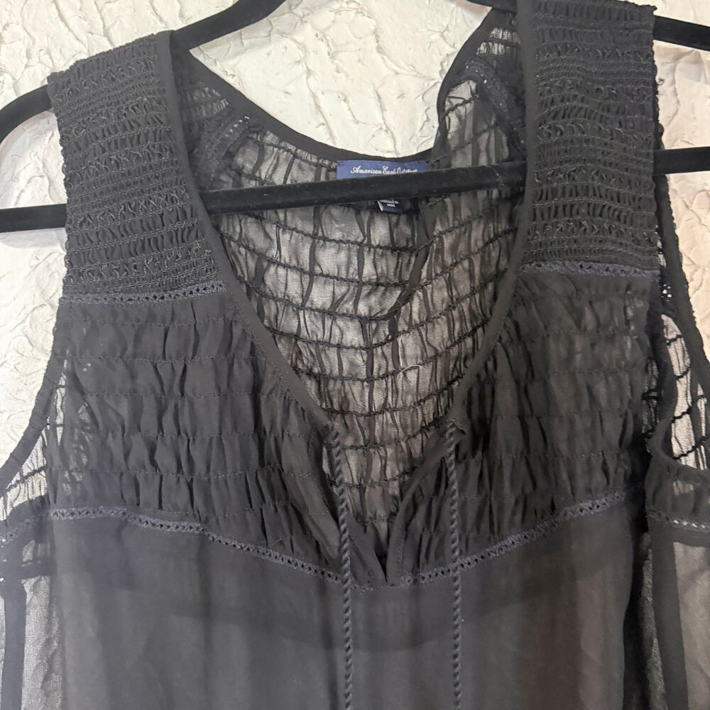 American Eagle Black Chiffon Boho Dress Sze Lrg Sheer Crochet Tassel Festival - Picture 3 of 10